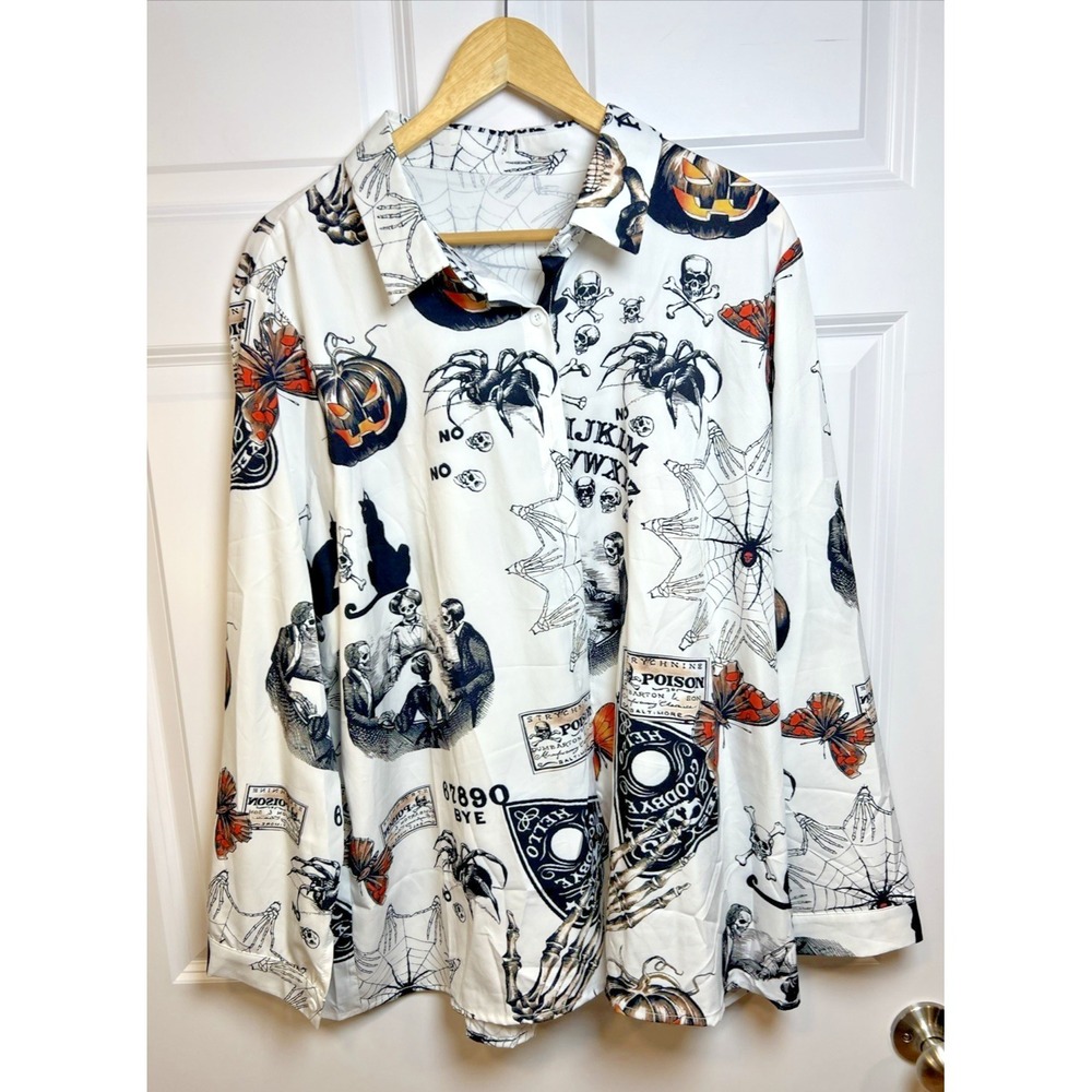 Women's 3XL Gothic Occult Ouija Board Print Button Down Shirt Halloween Witchy